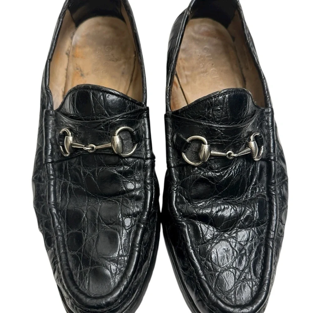 Gucci Black Crocodile Leather Loafers with Silver Detail, size 9